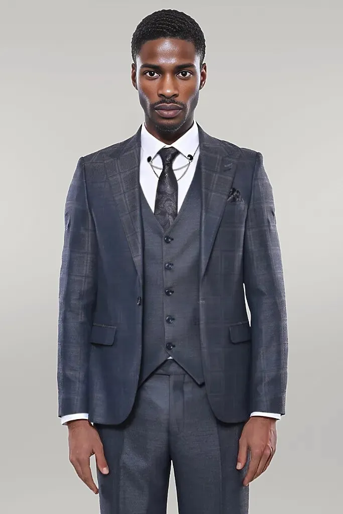 WSS Navy Patterned Vested Suit  - Singen