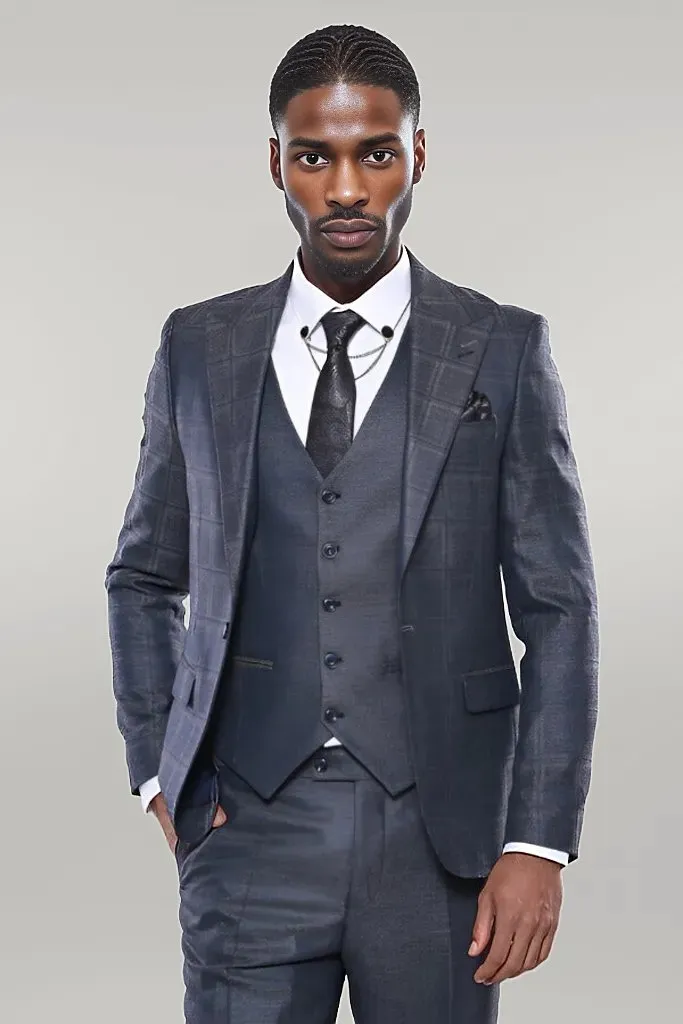 WSS Navy Patterned Vested Suit  - Singen