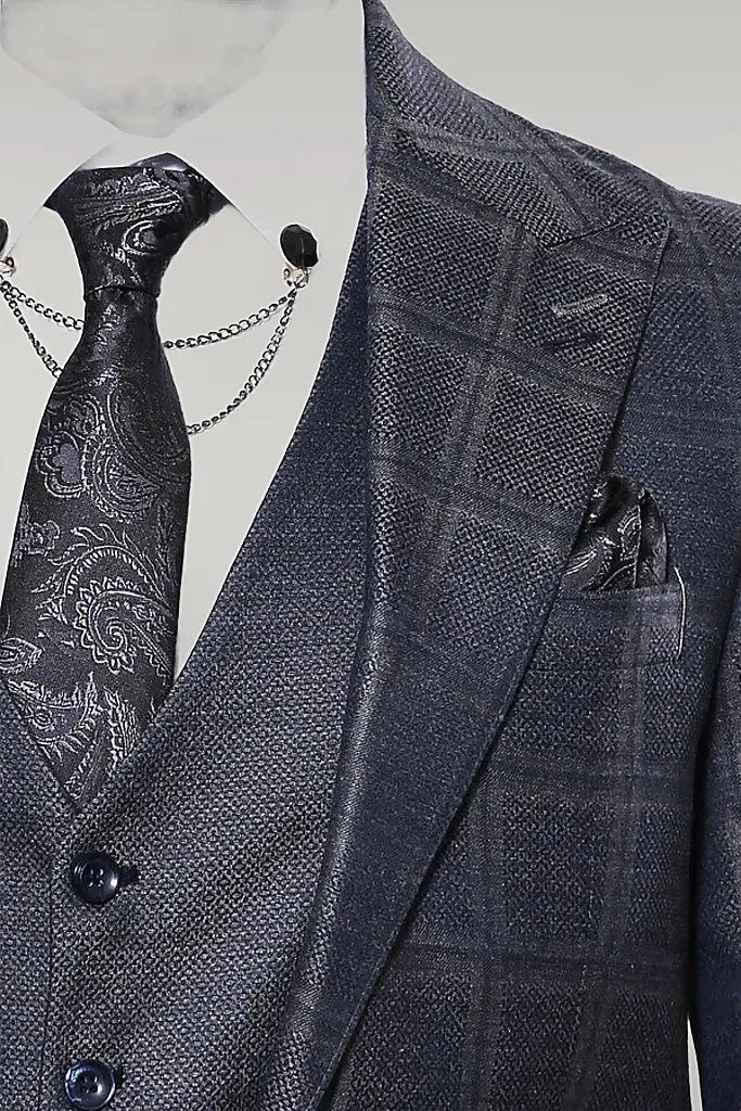 WSS Navy Patterned Vested Suit  - Singen
