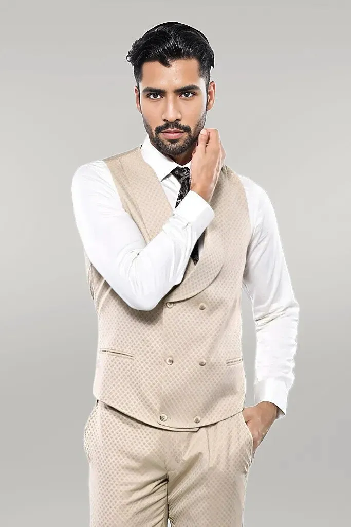 WSS Patterned Beige Vested Suit  - Singen
