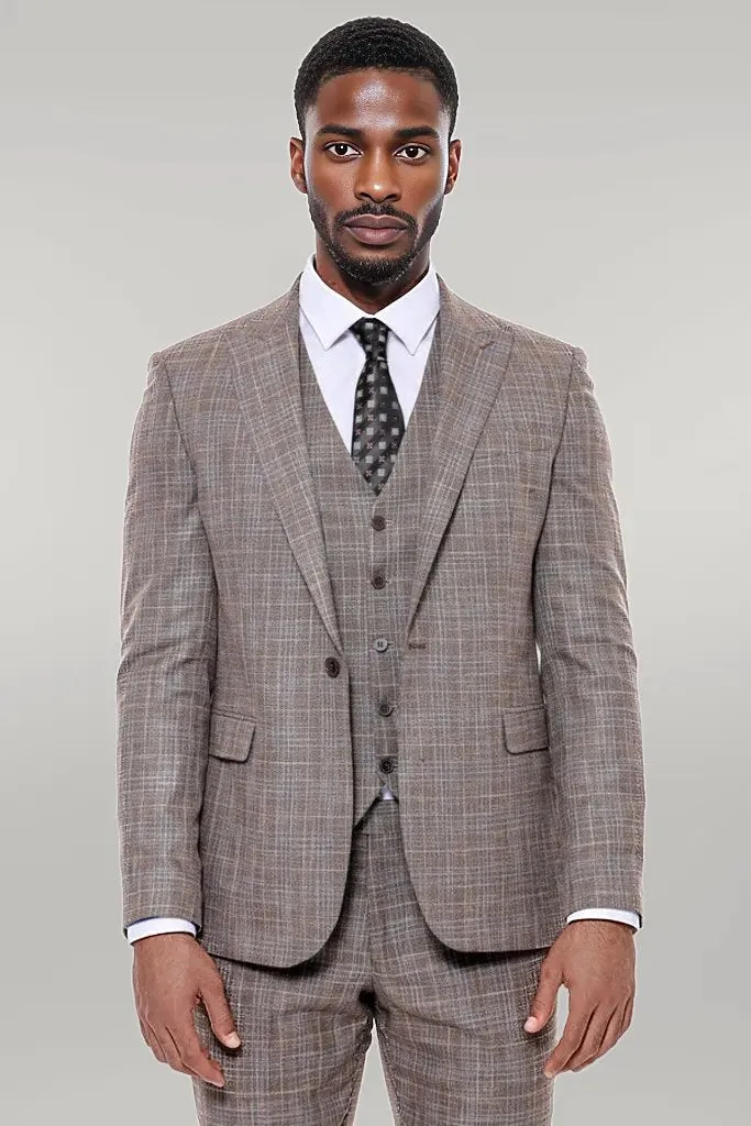 WSS Patterned Vested Slim-Fit Dark Beige Men’s Suit  - Singen