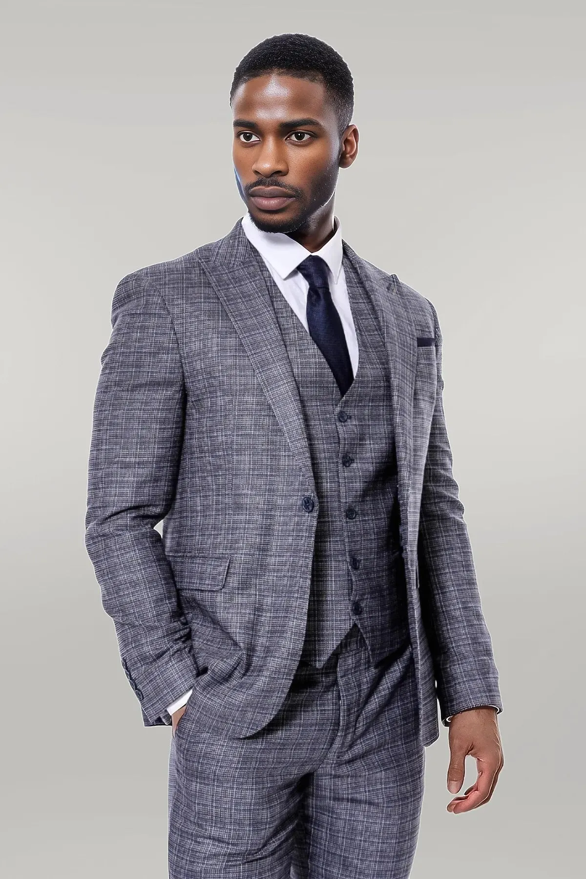 WSS Patterned Vested Slim-Fit Navy Blue Men Suit  - Singen