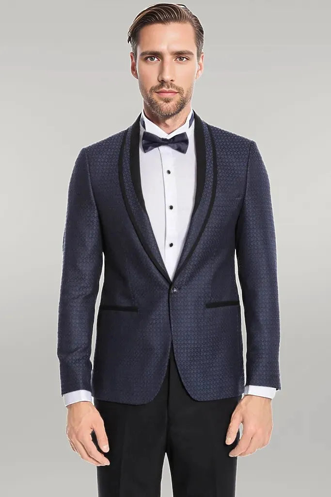 WSS Shawl Lapel Patterned Slim Fit Navy Blue Tuxedo  - Singen