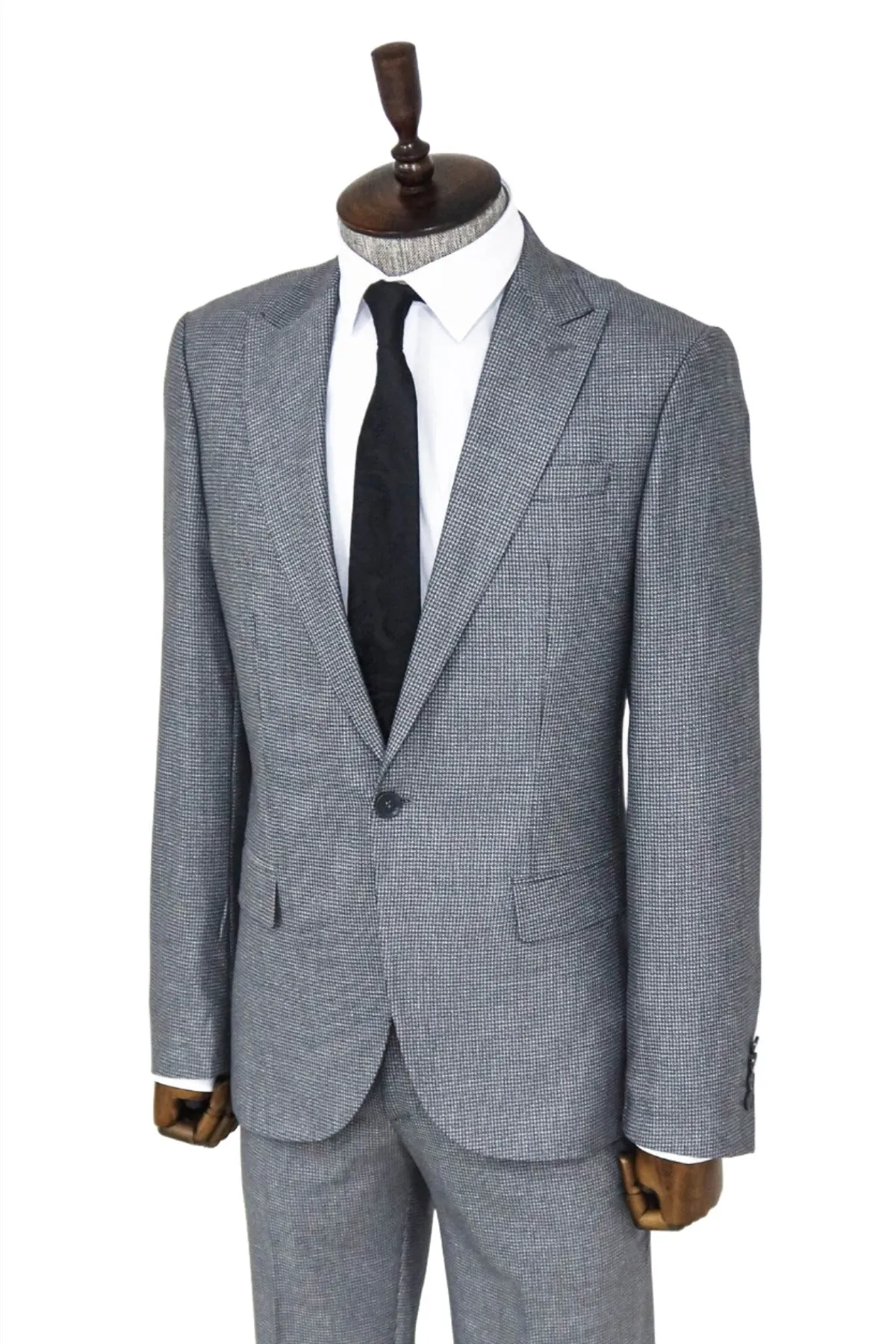 WSS Slim Fit Houndstooth Patterned 2 Piece Grey Men Suit  - Savona