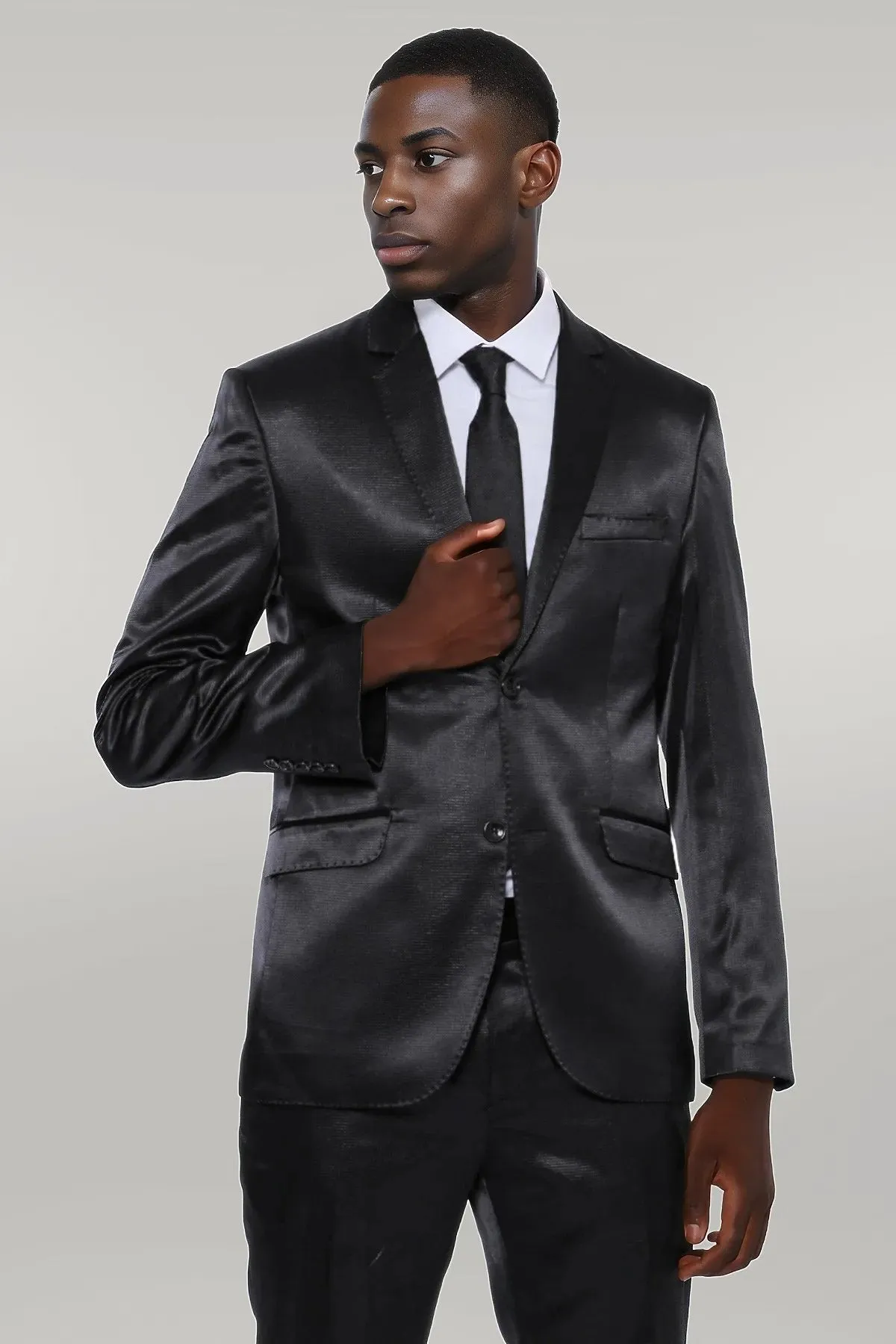WSS Two Piece Two Buttons Patterned Satin Black Men Suit - Singen