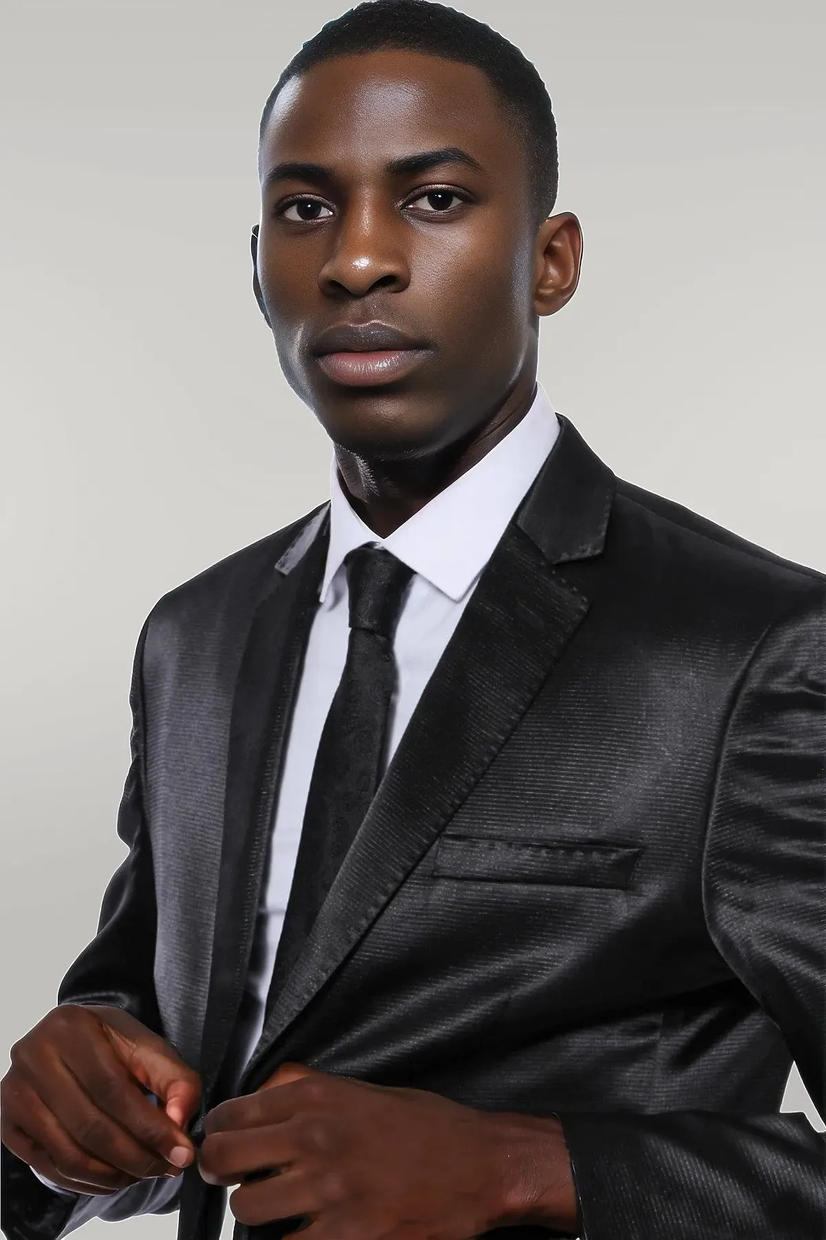 WSS Two Piece Two Buttons Patterned Satin Black Men Suit - Singen