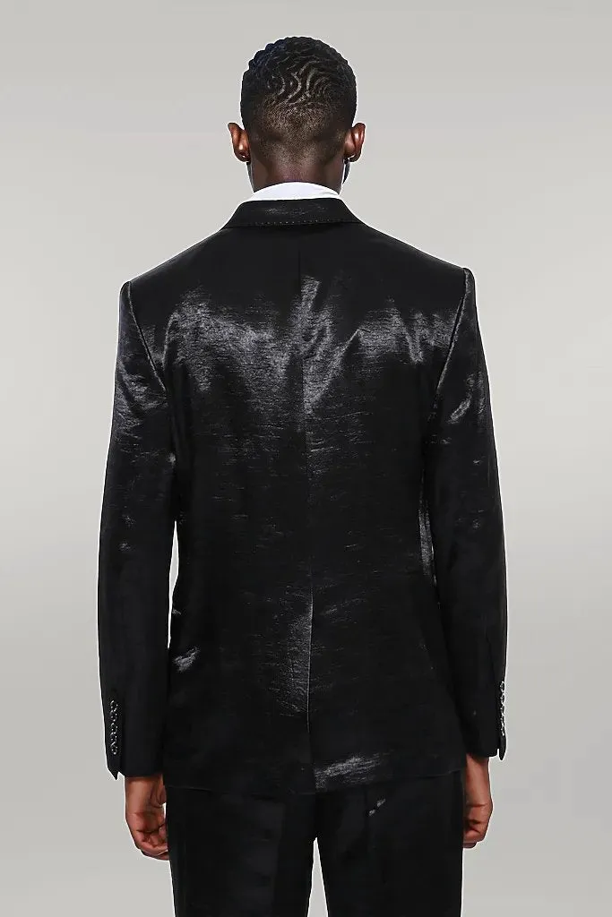 WSS Two Piece Two Buttons Patterned Satin Black Men Suit - Singen