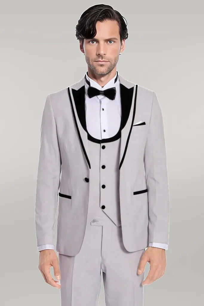 WSS Velvet Lapel Vested Patterned Grey Men Tuxedo  - Singen