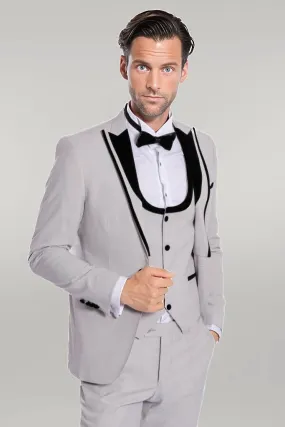 WSS Velvet Lapel Vested Patterned Grey Men Tuxedo  - Singen