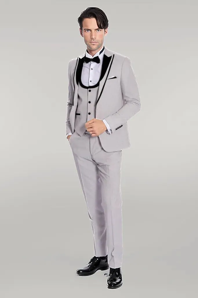 WSS Velvet Lapel Vested Patterned Grey Men Tuxedo  - Singen