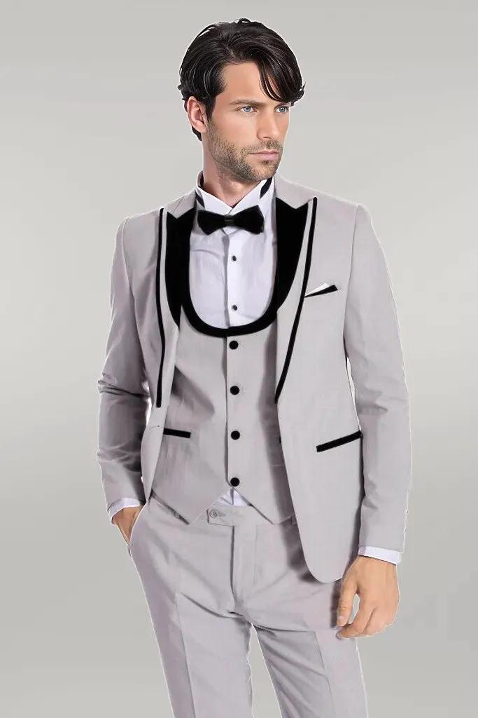 WSS Velvet Lapel Vested Patterned Grey Men Tuxedo  - Singen
