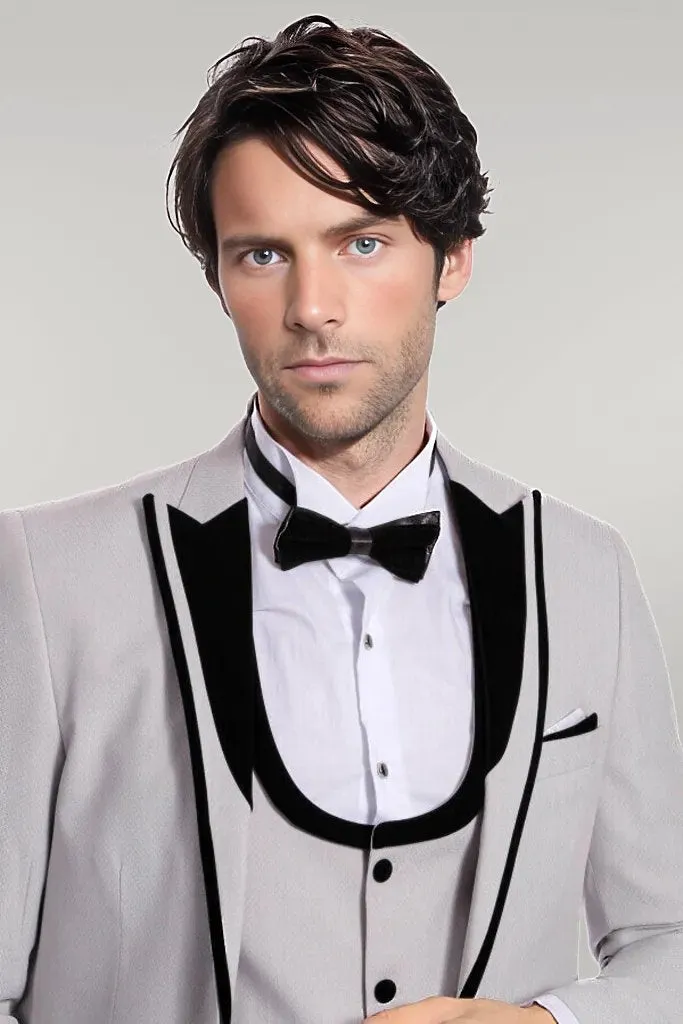 WSS Velvet Lapel Vested Patterned Grey Men Tuxedo  - Singen