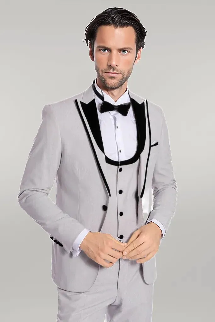 WSS Velvet Lapel Vested Patterned Grey Men Tuxedo  - Singen