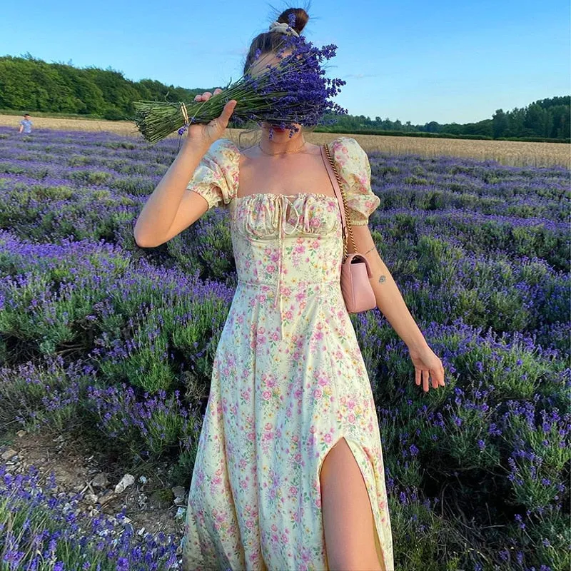Yellow Boho Print Slit Romantic SunDress