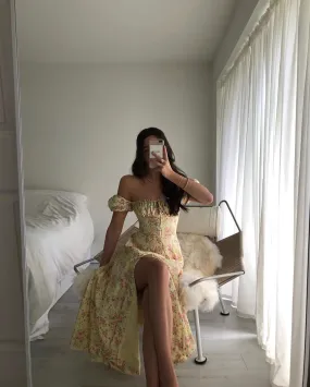 Yellow Boho Print Slit Romantic SunDress