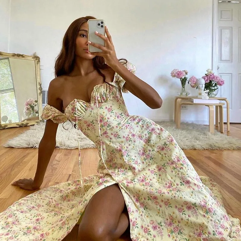 Yellow Boho Print Slit Romantic SunDress
